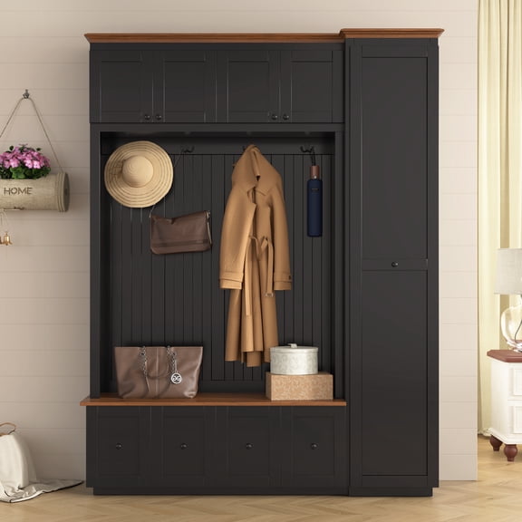 VIBE HAUS 78.7''H Entryway Hall Tree with Storage Bench, 5-in-1 Hall Tree Farmhouse Coat Rack Shoe Bench with Cabinets, Drawers & Hooks for Hallway, Entryway, Living Room, Mudroom