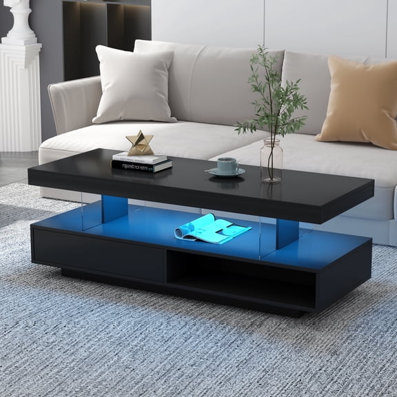 VIBE HAUS Lift-Top Coffee Table with 2 Drawers, Modern Square Coffee Table with Glass Top and High-Gloss Finish, Hidden Space and LED Lights for Living Room WL RR