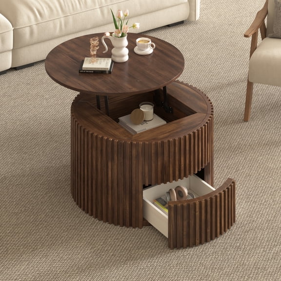 VIBE HAUS Round Lift Top Coffee Table, Modern Fluted Wood Accent Coffee Table with Hidden Storage for Living Room,Brown