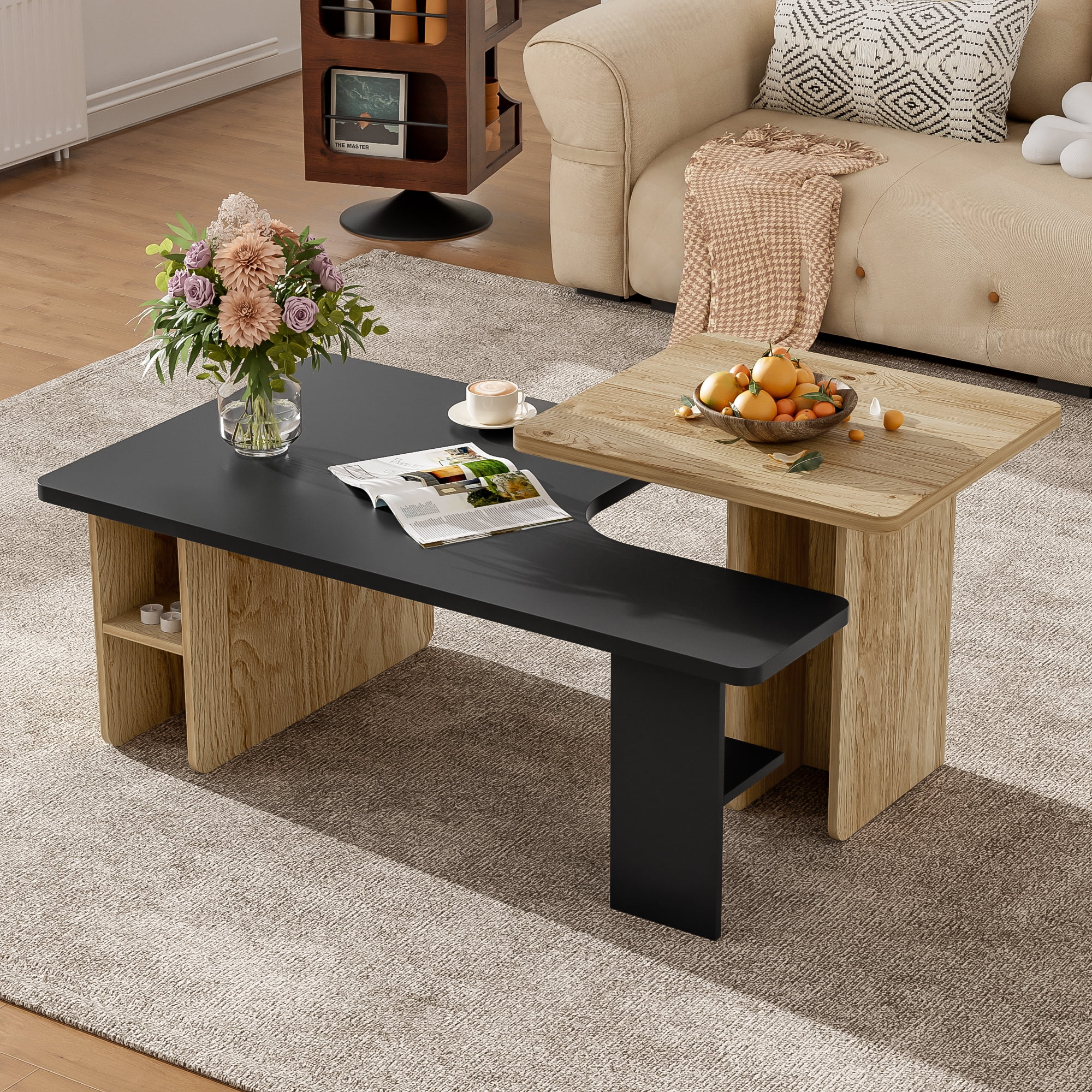 VIBE HAUS Set of 2 Nesting Coffee Tables Farmhouse,Rectangle Coffee ...