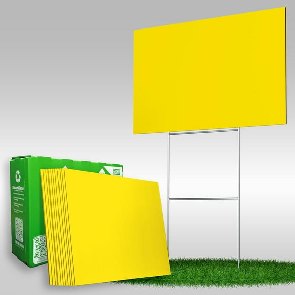 VIBE INK Pack of Blank Yellow Yard Signs 18x24 with H-stakes for Garage Sale, for Rent, Open House, Estate Sale, Now Hiring, or Political Lawn Signs (25)