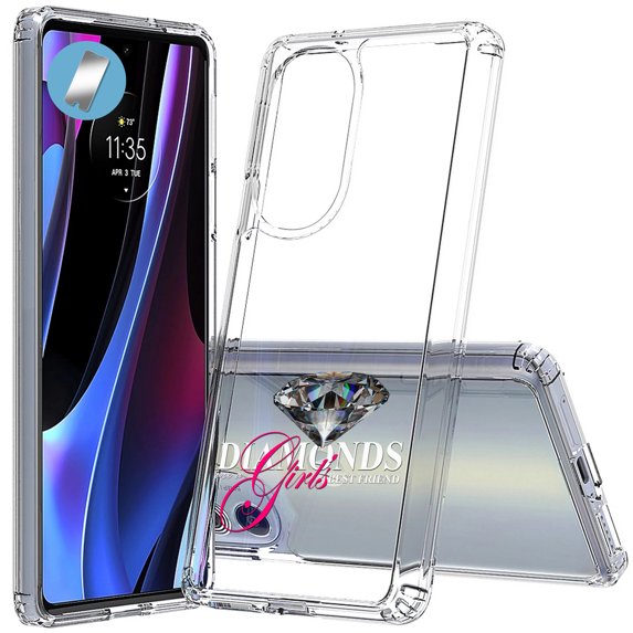 VIBECover Slim Case Compatible for Motorola Edge Plus 5G UW 2022/ Edge+ 2022/ Edge 30 Pro, TOTAL Guard FLEX Cover, Glass Screen Protector Incl, Diamond Girl Best Friend