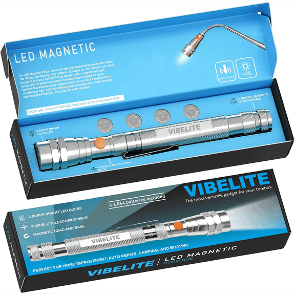VIBELITE Extendable Magnetic Flashlight with Telescoping Magnet Pickup Tool-Cool Gadgets Gifts Idea & Valentines Day Gifts for Men, Husband,Dad,Father,Mechanic,Tech,Handyman,Him Women (Silver)