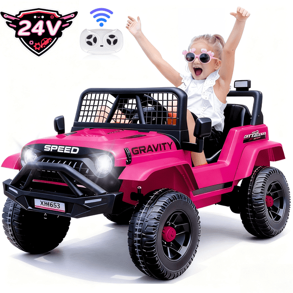 Farmdex 24V Ride on Car, Ride on Truck for Toddlers with Remote Control, Electric Car for Boys Girls Age 3+, Bluetooth, Music, LED Lights, Spring Suspension, 3 Speeds, Pink