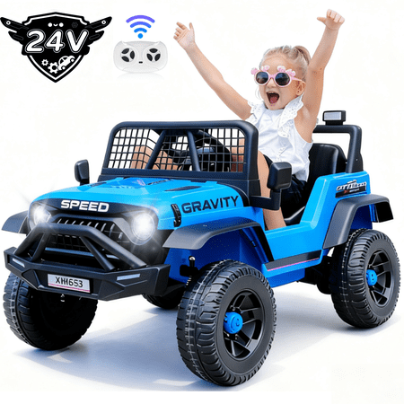 Farmdex 24V Ride on Car, Ride on Truck for Toddlers with Remote Control, Electric Car for Boys Girls Age 3+, Bluetooth, Music, LED Lights, Spring Suspension, 3 Speeds, Blue