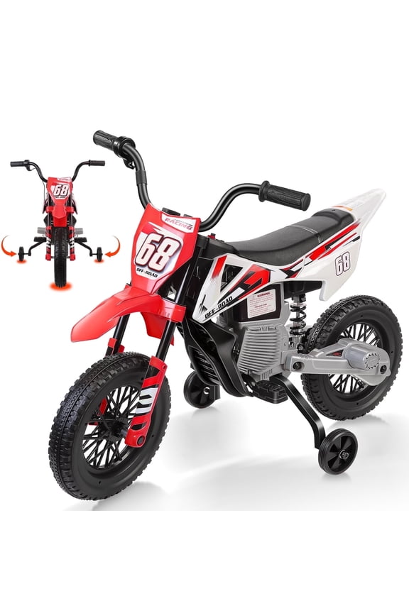 12V Electric Dirt Bike with Twist Grip Throttle, Ride on Motorcycle with 2 Training Wheels, Suitable for Ages 3-8, Bluetooth, MP3, Dual Motors, Spring Suspension