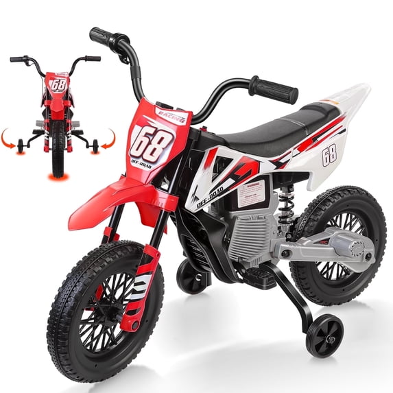 Funcid 12V Electric Dirt Bike with Twist Grip Throttle, Ride on Motorcycle with 2 Training Wheels, Suitable for Ages 3-8, Bluetooth, MP3, Dual Motors, Spring Suspension