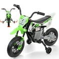 thumbnail image 1 of Funcid 12V Electric Dirt Bike with Twist Grip Throttle, Kids Ride on Motorcycle with 2 Training Wheels, Powered Ride on Toys for Ages 3-8, Bluetooth, MP3, Dual Motors, Spring Suspension, Green, 1 of 10
