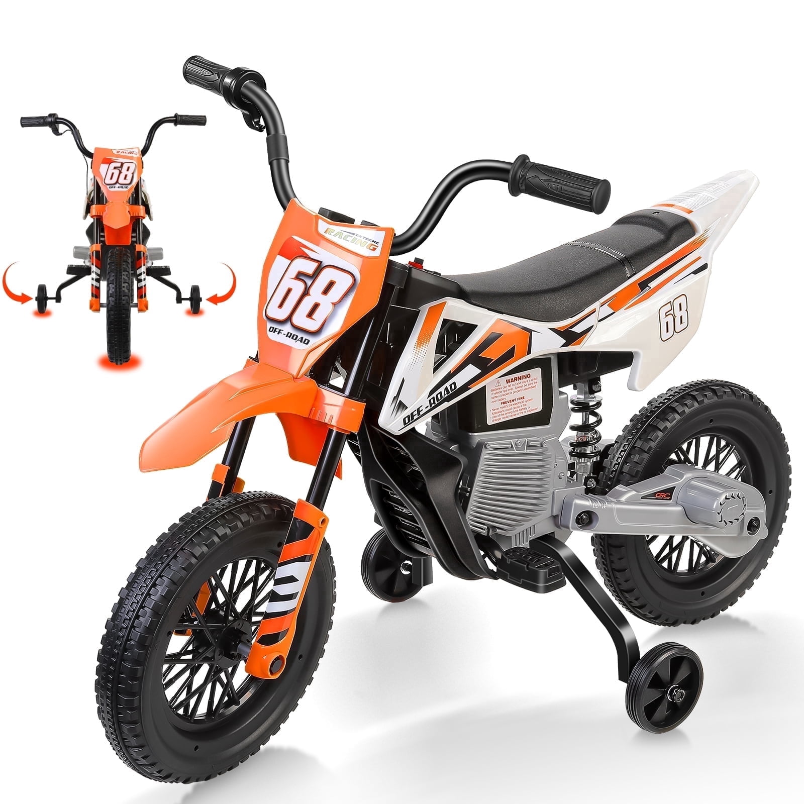 Funcid 12V Electric Dirt Bike with Twist Grip Throttle, Ride on Motorcycle with 2 Training Wheels, Suitable for Ages 3-8, Bluetooth, MP3, Dual Motors, Spring Suspension
