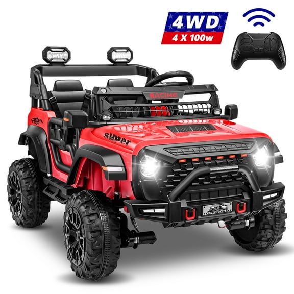VIBESPARK 24 Volt 2-Seater Ride on Toys with Remote Control, 9AH Electric Car for Kids, 4WD Battery Powered Ride on Truck Car, Power Car Wheels w/ Bluetooth, Music, Spring Suspension, 3-Speed, Red