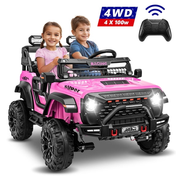 VIBESPARK 24 Volt 2-Seater Ride on Toys with Remote Control, 9AH Electric Car for Kids, 4WD Battery Powered Ride on Truck Car, Power Car Wheels w/ Bluetooth, Music, Spring Suspension, 3-Speed, Pink