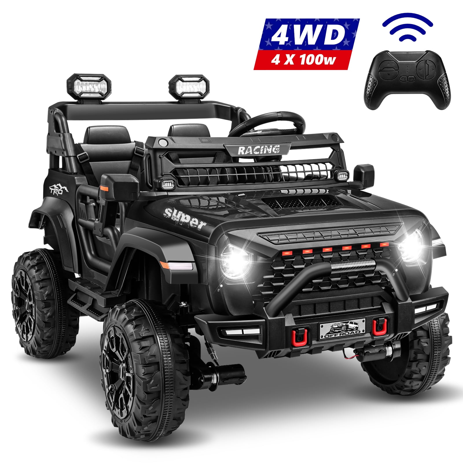VIBESPARK 24 Volt 2-Seater Ride on Toys with Remote Control, 9AH Electric Car for Kids, 4WD Battery Powered Ride on Truck Car, Power Car Wheels w/ Bluetooth, Music, Spring Suspension, 3-Speed, Black