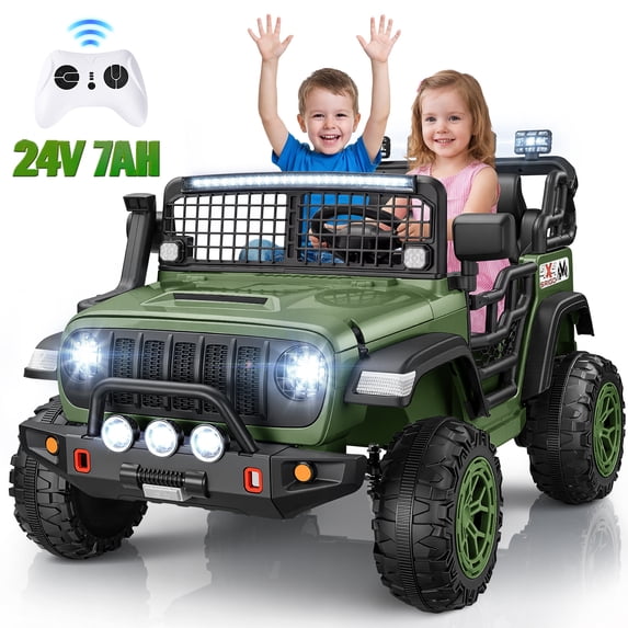 VIBESPARK 24V 2-Seater Ride on Toys, Kids Electric Ride on Cars with Remote Control, 400W Powered Ride on Truck w/ Bluetooth, 3-Point Seat Belts, Spring Suspension, Green