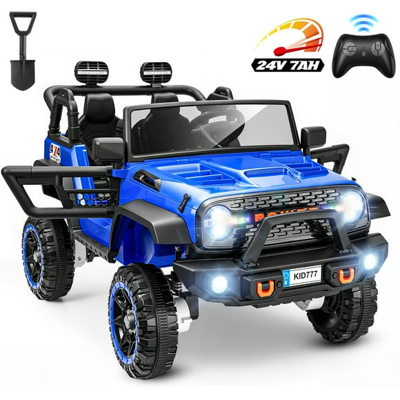 VIBESPARK 24 Volt Ride on Toys, 20'' Wide Seat 2-Seater Ride on Cars with Remote Control, 2WD/4WD Switchable Ride on Truck w/ Bluetooth, 3-Point Seat Belts, Spring Suspension, Shovel, 6MPH, Blue