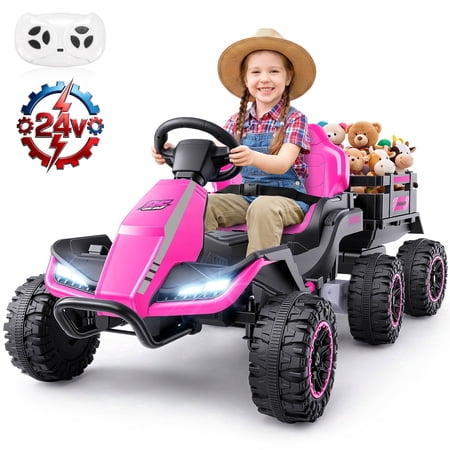 VIBESPARK 24V Ride on Toys with Remote Control, 3 in 1 Ride on Car, Ride on ATV for Kids with Trailer, 6 Wheel Kids Electric Car w/ Bluetooth, MP3, Music, Pink