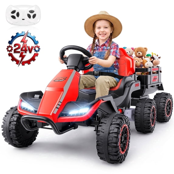 VIBESPARK 24V Ride on Toys with Remote Control, 3 in 1 Ride on Car, Ride on ATV for Kids with Trailer, 6 Wheel Kids Electric Car w/ Bluetooth, MP3, Music, Red