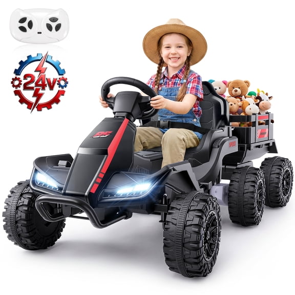 VIBESPARK 24V Ride on Tractor with Remote Control, 3 in 1 Ride on Car, Ride on Toy for Kids with Trailer, 6 Wheel Kids Electric Car w/ Bluetooth, MP3, Music, Black