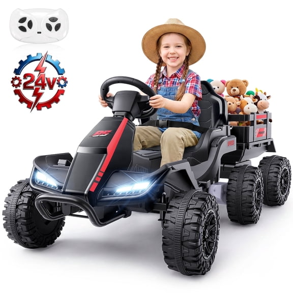 VIBESPARK 24V Ride on Toys with Remote Control, 3 in 1 Ride on Car, Ride on Tractor for Kids with Trailer, 6 Wheel Kids Electric Car w/ Bluetooth, MP3, Music, Black