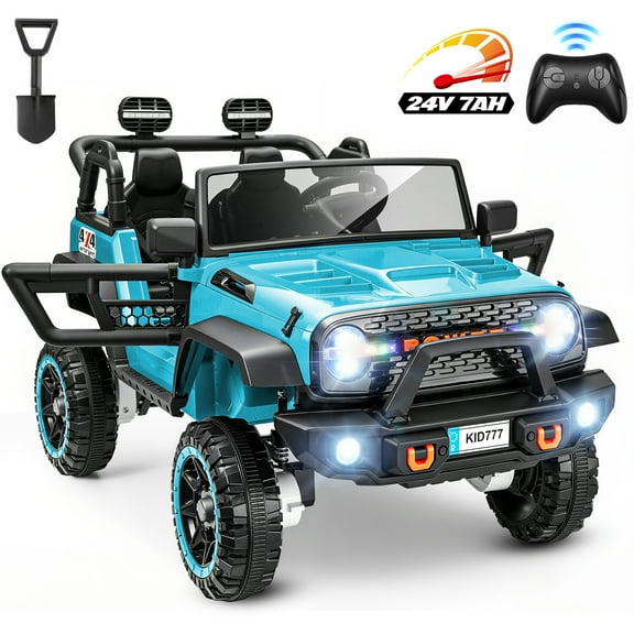 VIBESPARK 24 Volt Ride on Toys, 20'' Wide Seat 2-Seater Ride on Cars with Remote Control, 2WD/4WD Switchable Ride on Truck w/ Bluetooth, 3-Point Seat Belts, Spring Suspension, Shovel, 6MPH, Teal