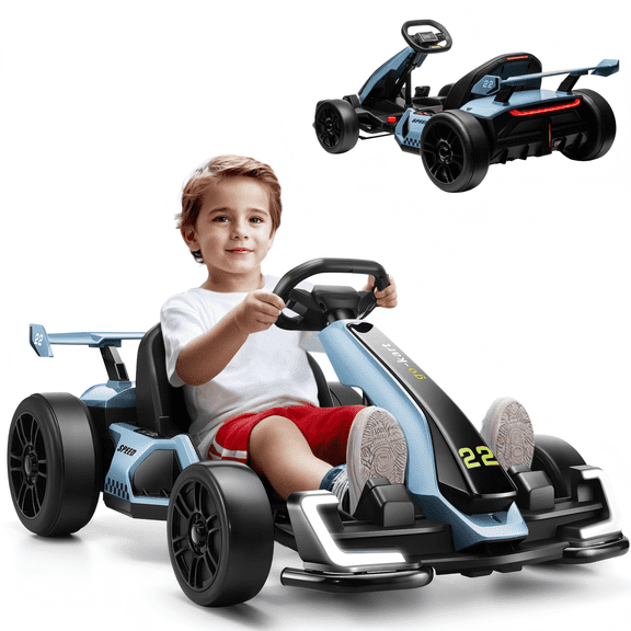 VIBESPARK 24V Electric Go Kart, Drift Go Kart for Kids with Adjustable Seat, Two Drive Modes, Ultra-Long Battery Life, Bluetooth, LED lights, Ride on Car for Kids 6-12, Blue