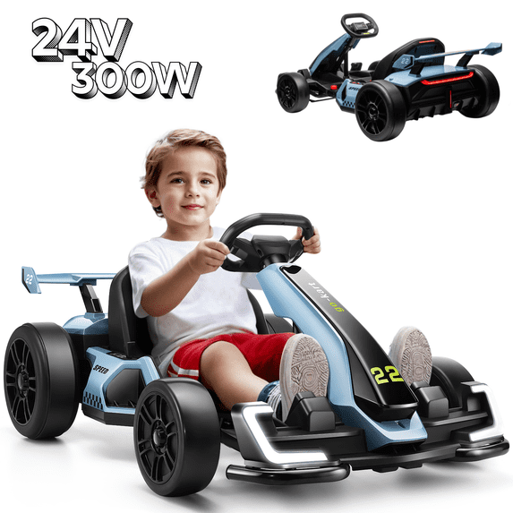 VIBESPARK 24V 7AH Electric Go Kart for Big Kids, Up to 8.5 MPH Drift Go Kart Car with Adjustable Seat, 2*150W Powered Ride on Car, Drift/Sport Modes, Bluetooth, Blue