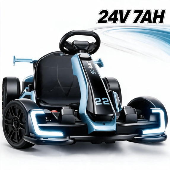 VIBESPARK 24V Electric Go Kart, Drift Go Kart for Kids with Adjustable Seat, Two Drive Modes, Ultra-Long Battery Life, Bluetooth, LED lights, Ride on Car for Kids 6-12, Blue