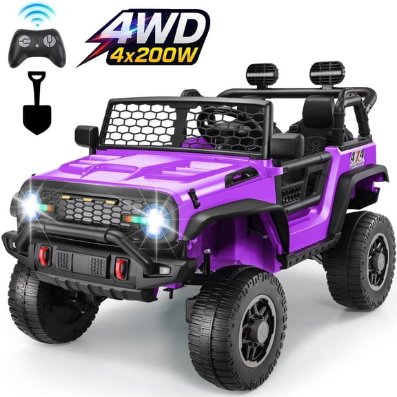 Farmdex 24V 2 Seater Ride on Car, 2WD/4WD Switchable Car Truck with Remote Control, Powered 4 x 200W Motors Ride on Toys for Kids, Colorful LED Head Lights, Bluetooth, MP3, Purple