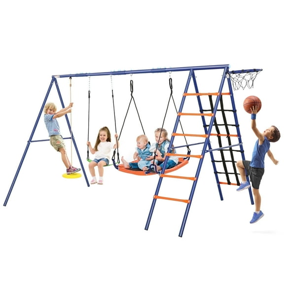 VIBESPARK 6 in 1 Metal Swing Sets for Backyard, 550lbs Heavy-Duty Outdoor Playset for Playground, Outside Kids Play Equipment with 3 Swings, 1 Climbing Net & 1 Ladder, and 1 Basketball Hoop