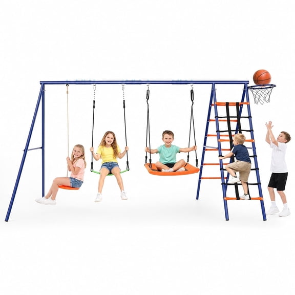 VIBESPARK 6-in-1 Outdoor Swing Set for Kids, Heavy-Duty A-Frame Backyard Playset with 3 Adjustable Swings, 1 Climbing Net & 1 Ladder, and 1 Basketball Hoop, 550 lb Capacity