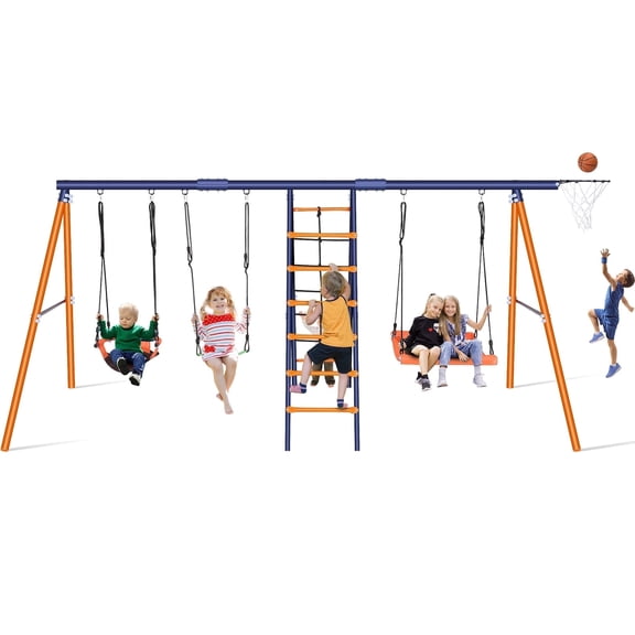 VIBESPARK 6-in-1 Swing Sets for Backyard, 700 lbs Heavy-Duty A-Frame Metal Outdoor Kids Playset with 3 Adjustable Swings, Climbing Ladder, Climbing Net, and Basketball Hoop