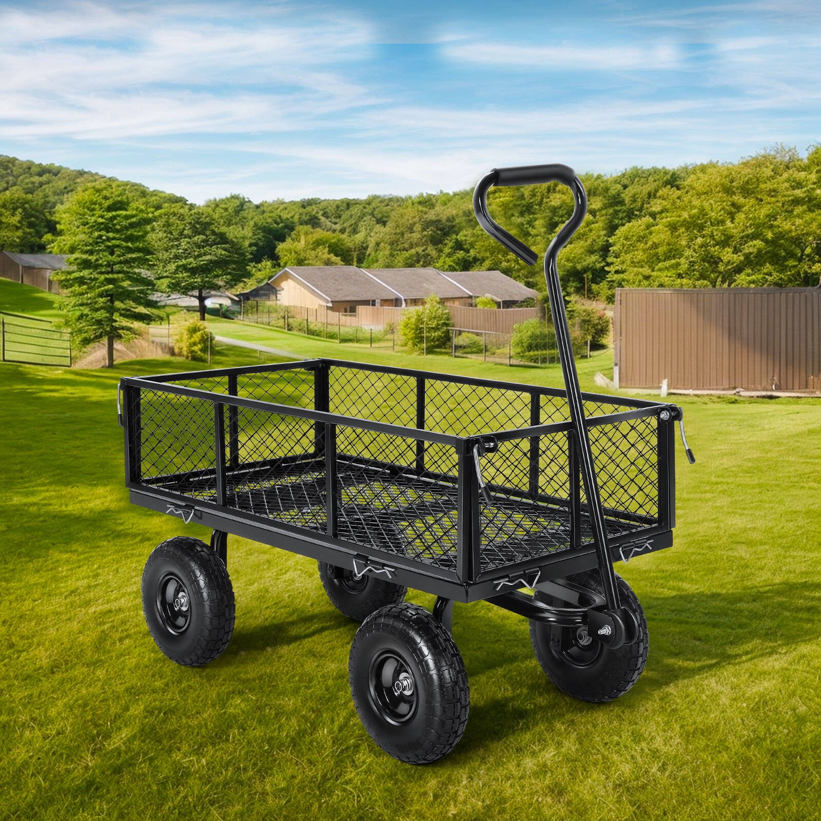Farmdex 660LB Garden Cart and Wagon Heavy Duty Steel Garden Cart Removable Sides 10in Tires for Patio Black
