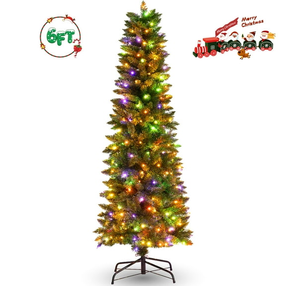 VIBESPARK 6ft Pre-Lit Pencil Christmas Tree, Skinny Spruce Slim Holiday Decoration w/ 570 Tips, 250 Lights, Metal Hinges & Base