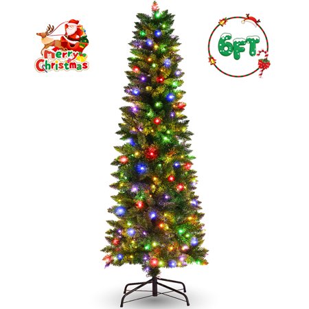 VIBESPARK 6ft Pre-Lit Pencil Christmas Tree, Skinny Spruce Slim Holiday Decoration w/ 570 Tips, 250 Lights, Metal Hinges & Base