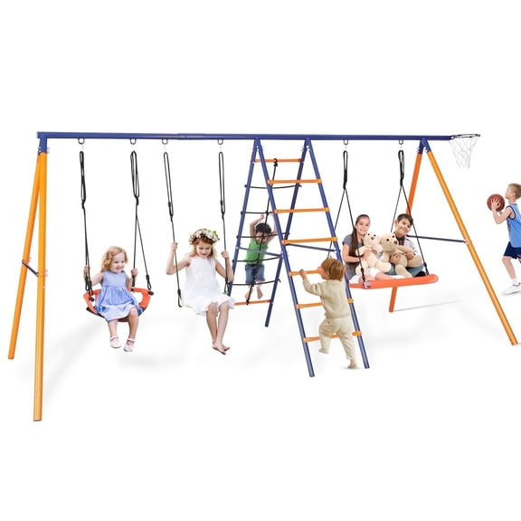VIBESPARK 700lbs Swing Sets for Backyard, 6 in 1 Multifunction Swingset Outdoor for Kids Playground, Larger Metal Outside Playset with 3 Adjustable Swings, Climbing Ladder and Net, Basketball Hoop