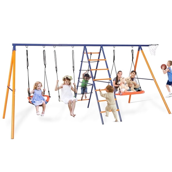 VIBESPARK 700lbs Swing Sets for Backyard, 6 in 1 Multifunction Swingset Outdoor for Kids Playground, Larger Metal Outside Playset with 3 Adjustable Swings, Climbing Ladder and Net, Basketball Hoop