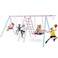 thumbnail image 1 of VIBESPARK 700lbs Swing Sets for Backyard, 6 in 1 Multifunction Swingset Outdoor for Kids Playground, Larger Outside Playset with 3 Adjustable Swings, Climbing Ladder and Net, Basketball Hoop, Pink, 1 of 7