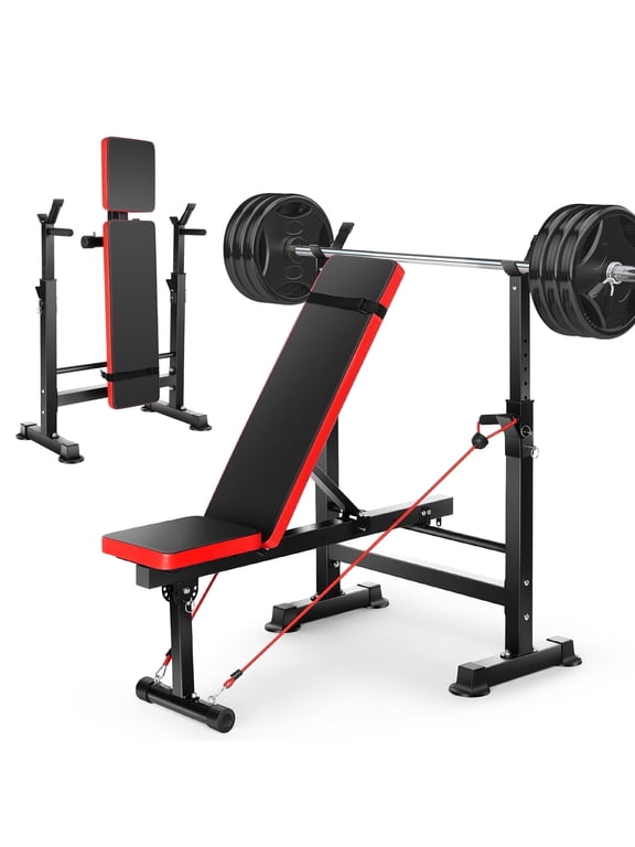 Adjustable Weight Bench 600lbs 4-in-1 Foldable Workout Bench Set with Barbell Rack & Pull Rope, Multi-Function Strength Training Bench Press Exercise Equipment for Home Gym
