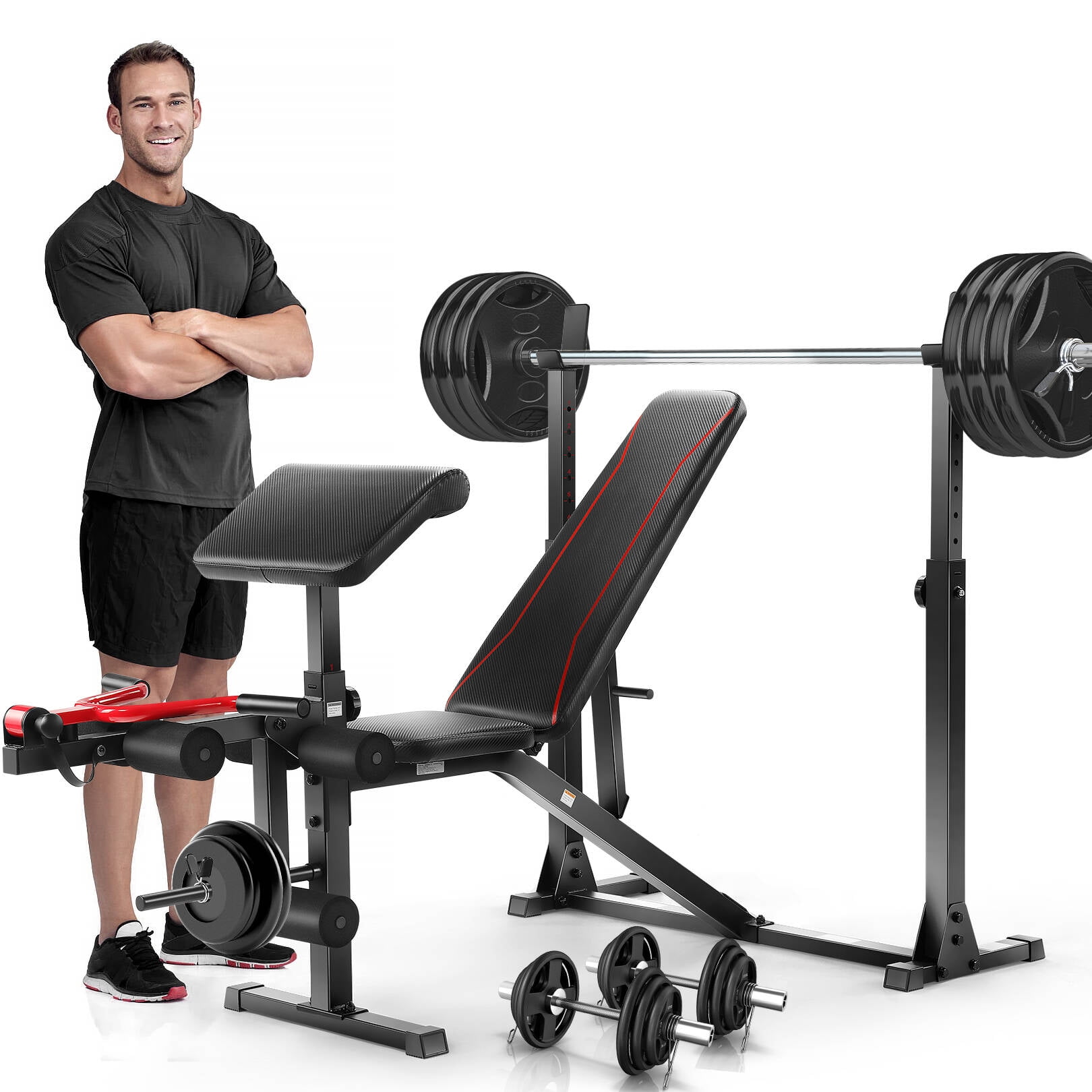 VIBESPARK Adjustable Weight Bench 900LBS Olympic Weight Bench Set with Barbell Rack Preacher Curl Leg Extension Full Body Exercise Workout Bench