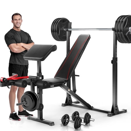 VIBESPARK Adjustable Weight Bench 900LBS Olympic Weight Bench Set with Barbell Rack, Preacher Curl, Leg Extension Full Body Exercise Workout Bench Press for Home Gym