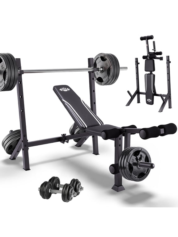 Adjustable Weight Bench, 900Lbs 5-in-1 Foldable Bench Press with Barbell Rack for Home Gym, Multi-functional Workout Bench Set with Leg Extension for Full Body Strength Training