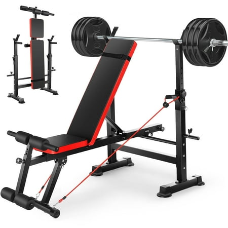 VIBESPARK Adjustable Weight Bench Set 6 in 1 Bench Press Workout Bench with Barbell Rack Removable Foot Bracket, Pairs of Resistance Bands for Home Gym Training