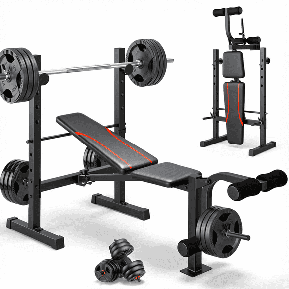 VIBESPARK 600LBS Foldable Weight Bench with Leg Extension and Leg Curl, Adjustable Workout Bench Set with Squat Rack, Olympic Bench Press for Home Gym Full-Body Strength Training
