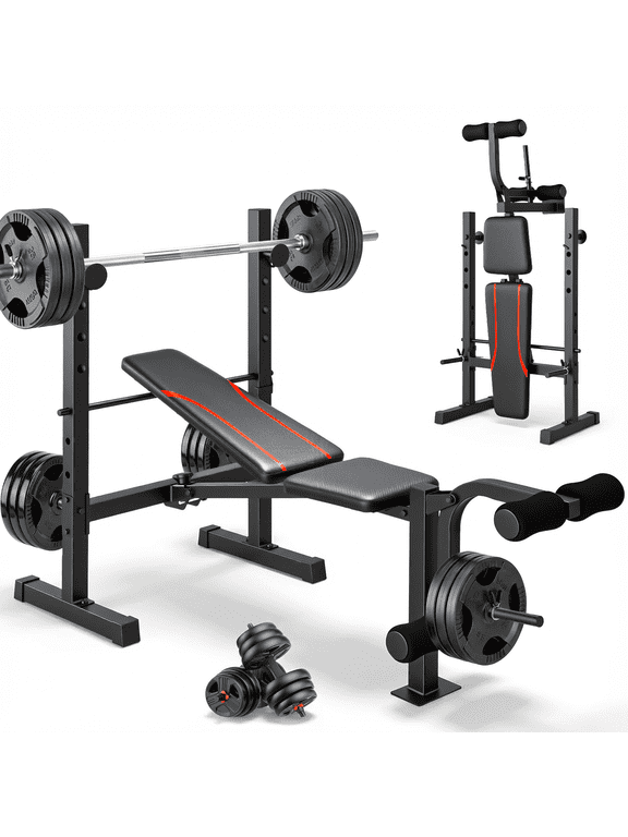 600LBS Foldable Weight Bench with Leg Extension and Leg Curl, Adjustable Workout Bench Set with Squat Rack, Olympic Bench Press for Home Gym Full-Body Strength Training