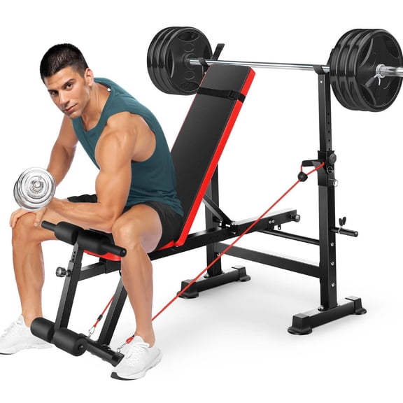 VIBESPARK Foldable Workout Bench, Adjustable Weight Bench Set with Barbell Rack Removable Foot Catch for Incline Flat Decline Sit up Bench Press Set for Full Body Exercise