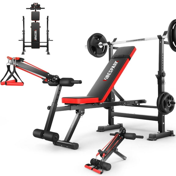 VIBESPARK Foldable Workout Bench, Adjustable Weight Bench Set with Barbell Rack Removable Foot Catch with Rowing Set for Incline Flat Decline Sit up Bench Press Set for Full Body Exercise
