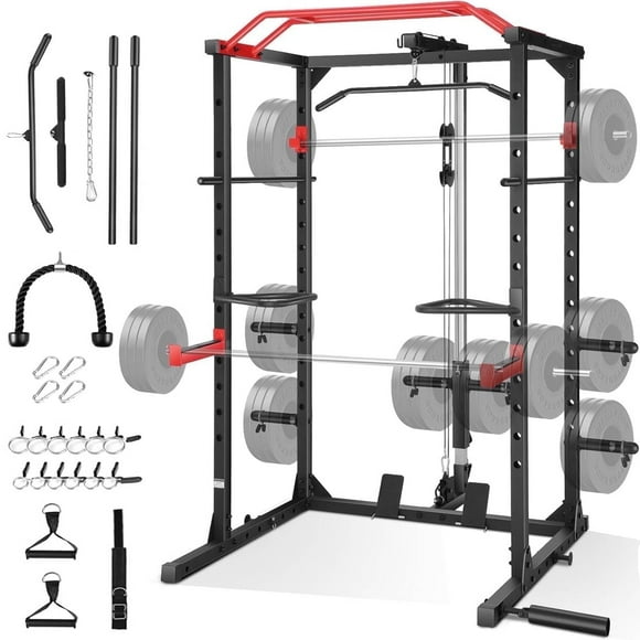 VIBESPARK Power Cage Smith Machine, 1600LBS Capacity Multi-Function Power Rack with Lat Pulldown, Pulley System, J-Hooks and More Training Attachment, Adjustable Squat Rack for Home Gym Weight Cage