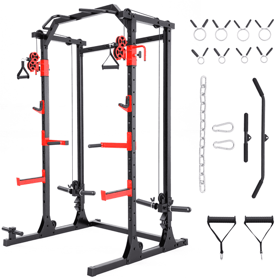 VIBESPARK Power Rack, 1500LBS Multifunction Power Cage with Dual Pulley Cable Crossover System, Squat Rack with More Training Attachments for Home Gym Full Body Strength Training