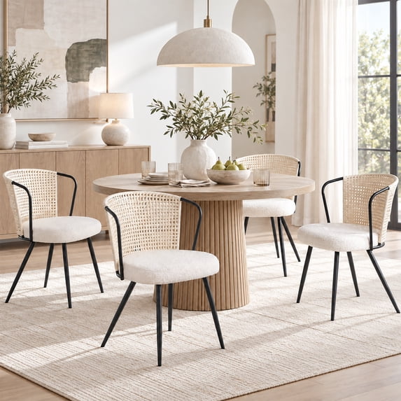 VIBESPARK Rattan Dining Chairs Set of 4, Farmhouse Boucle Upholstered ...