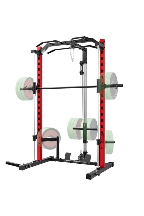 Smith Machine Power Rack with Lat-Pull Down Pulley System & Cable Row, Multi-Functional Squat Rack Cage with Barbell Bar, Landmine, Pull-up Bar and More Attachment for Home Gym