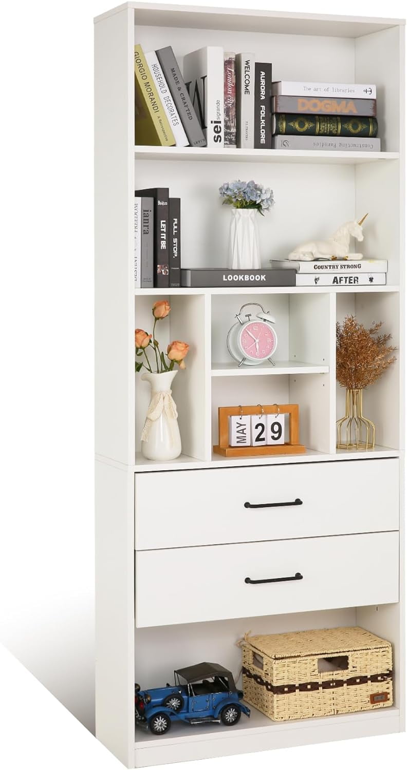 VIBESPARK Tall Bookshelf with 2 Drawers, 71" Wooden Bookcase with